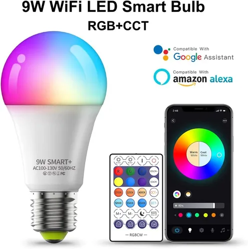 Vista 2 de Bombillas LED inteligentes, A19 E26, aplicación y control remoto, RGBCW 2700K-6500K, equivalente a 60W, no requiere concentrador, compatible