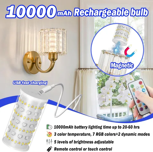 Vista 2 de Juego de 2 apliques de pared que funcionan con pilas, apliques de pared inalámbricos recargables con bombilla RGB de 10000 mAh, aplique de pared