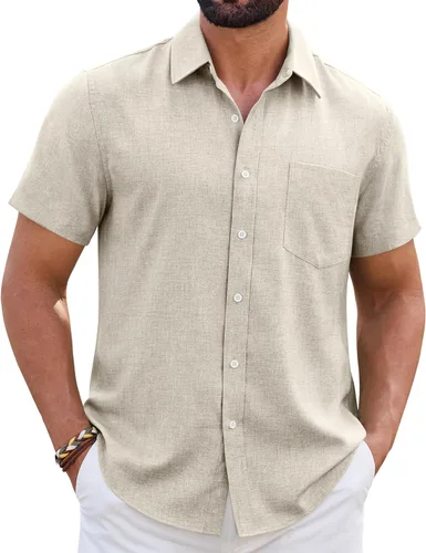 Vista 9 de Camisa de lino para hombre, de manga corta, sin arrugas, casual, sin pliegues, con botones, para playa, transpirable, para verano