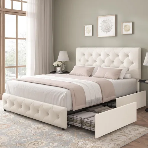 Vista 8 de Keyluv Moderna base de cama tapizada con 4 cajones, diseño de cabecera copetuda con botones, soporte de listones de madera maciza, fácil montaje