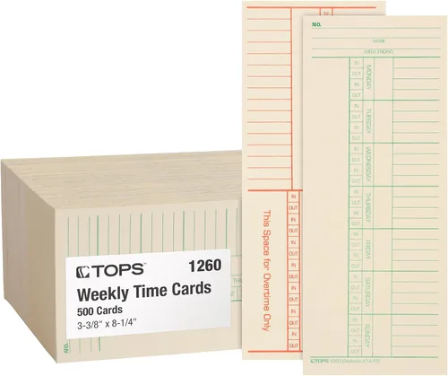 TOPS Tarjetas de tiempo, semanales, 2 caras, días con nombre, 3-3/8 x 8-1/4 pulgadas, Manila, impresión verde/roja, 500 unidades (1260)