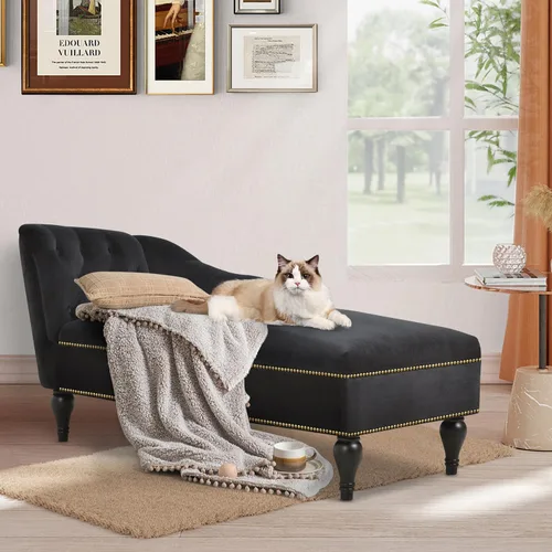 Vista 17 de Polibi Tumbona de almacenamiento de terciopelo de 60 pulgadas con 1 almohada y ribete de cabeza de clavo, tumbona larga multifuncional copetuda