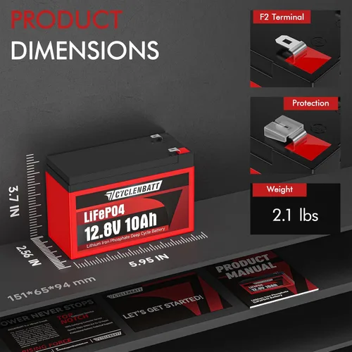 Vista 2 de CYCLENBATT Batería de Litio de 12V 10Ah, Más de 5000 Ciclos Batería LiFePO4 12V 10Ah con BMS de 10A Integrado, Batería de Litio de 12V Adecuada