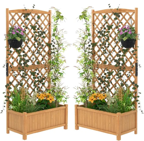 Vista 13 de S AFSTAR Cama de jardín elevada de madera con enrejado, maceta de 63 pulgadas de alto con drenaje para plantas trepadoras, flores, hierbas, maceta