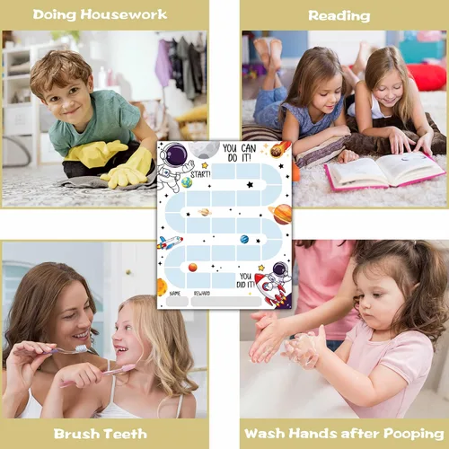 Vista 3 de Tabla de 20 recompensas de astronautas del espacio exterior con 432 calcomanías redondas, tabla de comportamiento de incentivos para niños