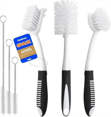 Vista 9 de Holikme Juego de 6 cepillos para platos con cepillo para botellas, cepillo para fregar platos, cepillo para sartén y 3 cepillos para pajitas