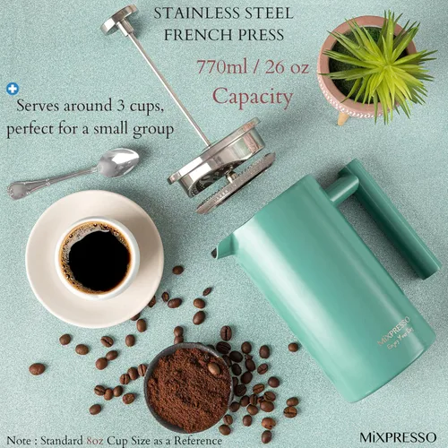 Vista 25 de Mixpresso Cafetera de Prensa Francesa de Acero Inoxidable Negro 26 Oz 770 ml, Prensa Francesa de Acero Inoxidable con Aislamiento de Doble Pared