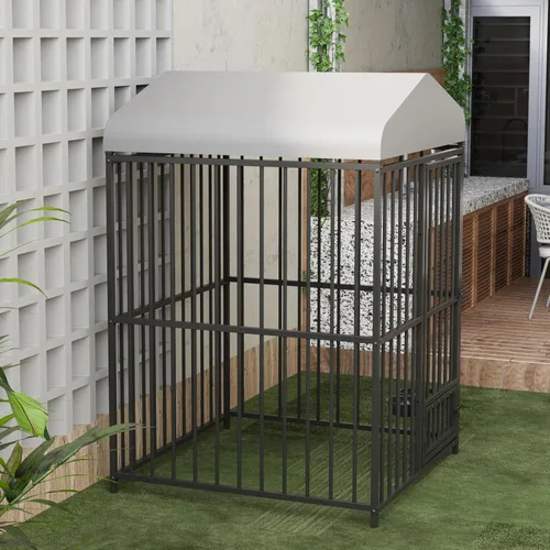 Vista 9 de GarveeTech Jaula para perros de 8 x 8 x 6 pies, jaula de metal resistente con cubierta superior impermeable, cuenco de alimentación giratorio