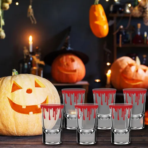 Vista 7 de Whaline Paquete de 6 vasos de chupito de Halloween salpicados de sangre de 1.7 onzas, vasos de chupito de vidrio sangriento de terror para fiesta
