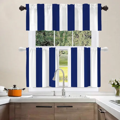 Vista 8 de Shrahala Cenefas de cocina con rayas clásicas azules, cortinas blancas para media ventana, tratamiento de ventana de poliéster multicapa para sala