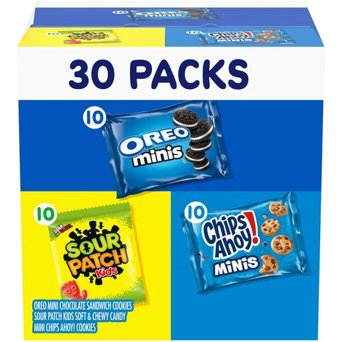 Nabisco Paquete variado de galletas y dulces, dulces SOUR PATCH Kids, mini galletas OREO y mini chips AHOY!, 30 paquetes de aperitivos