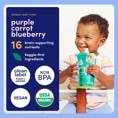 Vista 4 de Cerebelly Bolsas de comida orgánica para bebés, purés de batido de zanahoria morada y arándanos, 16 nutrientes, sin azúcar añadido, sin OMG