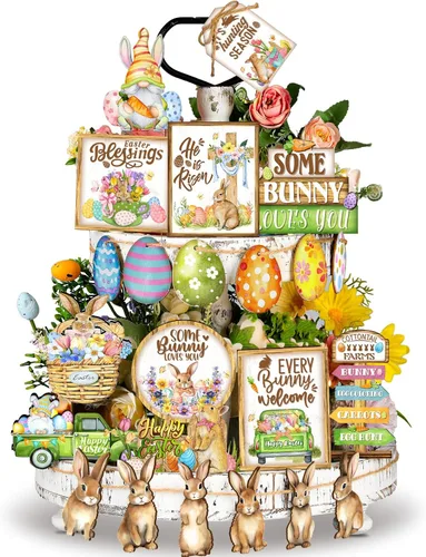 Vista 14 de Amyhill 12 piezas de decoración de bandejas escalonadas de Pascua, decoración de bandeja escalonada de primavera, mini conejo, conejo, huevo