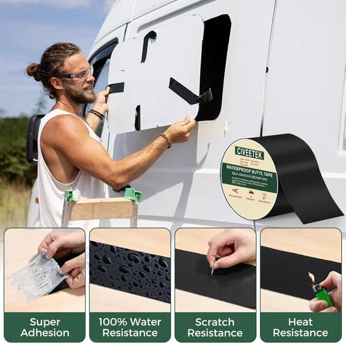 Vista 4 de Cinta de butilo impermeable de 4 pulgadas x 66 pies en total, cinta selladora negra para cubiertas, cinta de butilo de goma a prueba de fugas