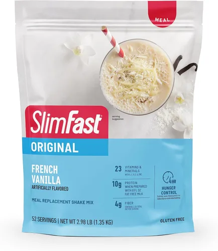 SlimFast - Polvo para reemplazo de comidas, vainilla francesa original, mezcla para batido, 10 g de proteína, 52 porciones