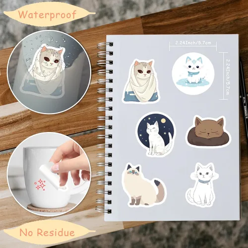 Vista 4 de 102 calcomanías de gato, lindas calcomanías de animales para niños, vinilo de dibujos animados, impermeable, divertidos gatos para botella de agua