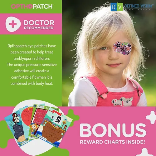 Vista 6 de Opthopatch Defined Vision - Parches para ojos para niños, diseño divertido para niñas [Serie II], 90 + 10 vendajes adhesivos de algodón