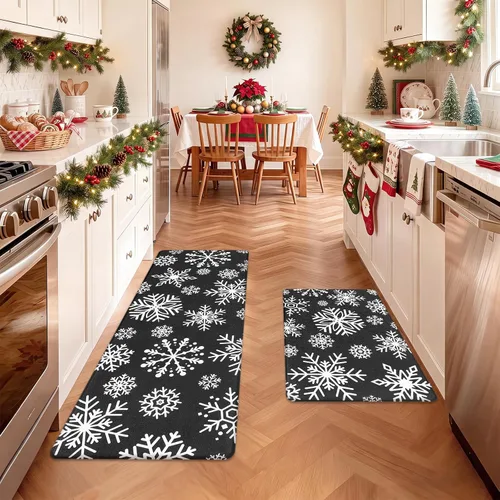 SHACOS Christmas Anti-Fatigue Kitchen Rugs Set of 2, Black Snowflakes