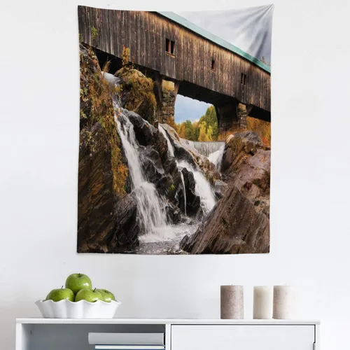 Ambesonne Landscape Tapestry, Old Rustic Oak Covered Bridge over Cascading Waterfalls Rock Fall Season American City, Fabric Wall Hanging Decor for