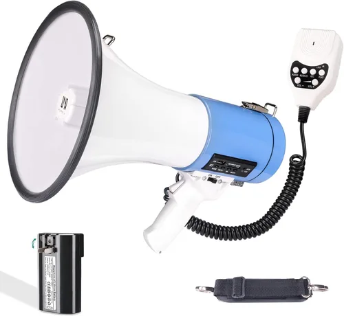 Vista 8 de Altavoz Megáfono Bullhorn Profesional Bluetooth de 50 Vatios con Batería Recargable y Correa Portátil - Sirena y Grabación - Entrada USB/SD/AUX