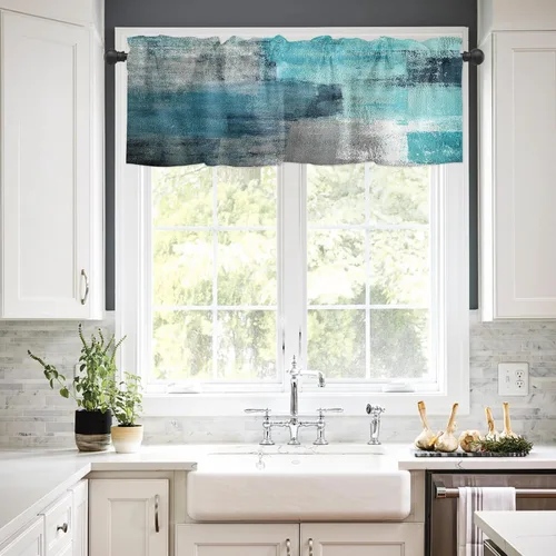 Vista 2 de Cenefas de cocina turquesa con arte abstracto para ventanas, tratamiento de ventana de granja, cenefas con bolsillo para barra, cenefa de cortina