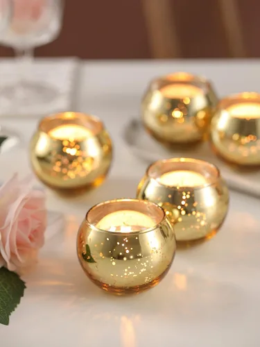 Vista 2 de 12 portavelas votivas doradas, candelabros redondos dorados para centro de mesa de boda, candelabros votivos de vidrio de mercurio dorado