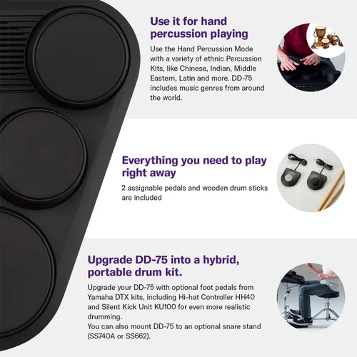 Vista 7 de Yamaha Baterías digitales portátiles DD75 con 2 pedales, baquetas y adaptador de corriente PA130