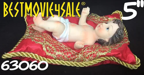 Vista 3 de Baby Jesus - Estatua de resina sobre almohada detallada roja y dorada, 5 pulgadas