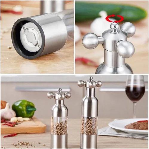 Vista 6 de Molinillo de sal y pimienta, grifo manual de acero inoxidable con asa, grosor ajustable recargable, para el hogar, restaurante, barbacoa, plata, 2