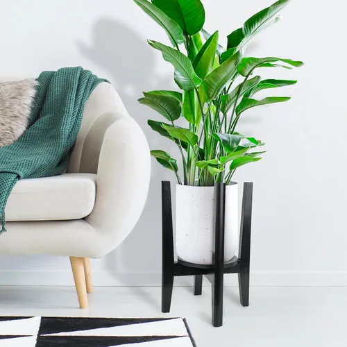 Vista 6 de Soporte ajustable para plantas con bandeja, soporte de madera para plantas de interior para macetas de 8 a 12 pulgadas, moderno soporte para macetas