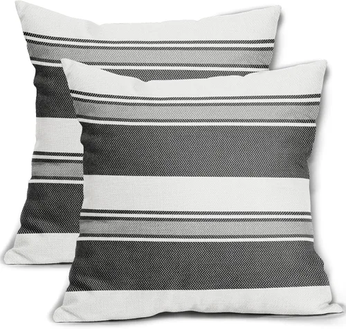 Vista 16 de Juego de 2 fundas de almohada a rayas negras y marrones de 16 x 16 pulgadas, diseño de rayas bohemias con estampado de rayas color crema, fundas
