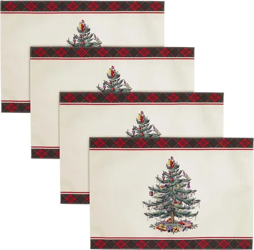 Vista 5 de Spode - Juego de servilletas, decoración del hogar navideño, juego de 4 (colección de tartán de árbol de Navidad Spode)