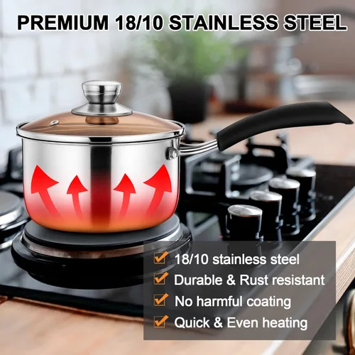 Vista 3 de LIANYU Cacerola de 1 cuarto de galón con tapa, cacerola de acero inoxidable de 1 cuarto de galón, olla pequeña para leche y sopa para el hogar