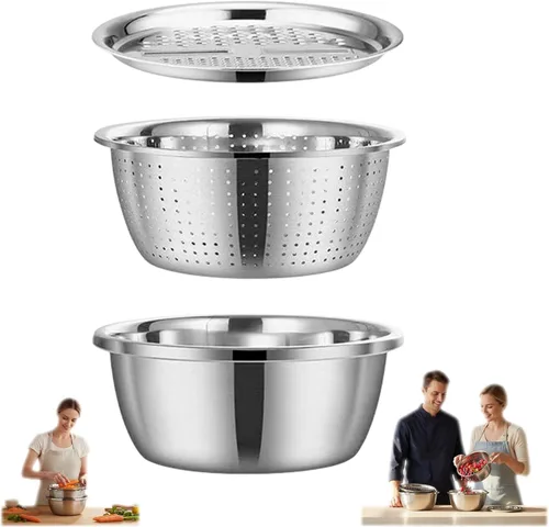 Cuenca multifuncional de acero inoxidable 3 en 1, trituradora y drenaje de acero inoxidable con tapa de rallador, colador y tazón para mezclar