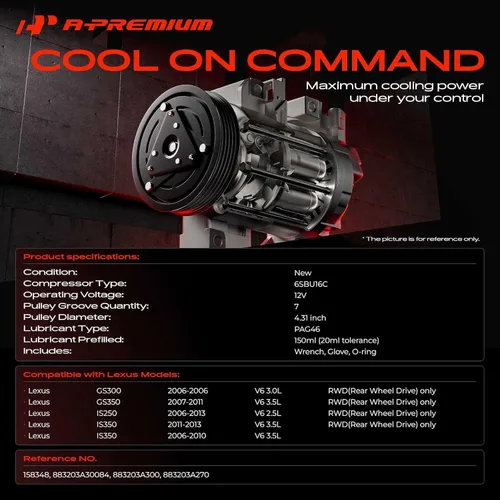 Vista 2 de A-Premium Compresor de aire acondicionado de CA con embrague compatible con Lexus GS300 3.0L 2006, GS350 3.5L 2007-2011, IS250 2.5L 2011-2013, IS350