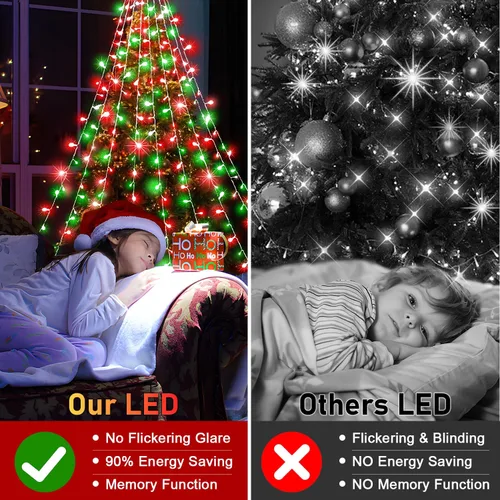 Vista 5 de Decoraciones de Navidad para exteriores, 16.4 pies, 344 luces LED para árbol de cascada con luces de cadena de estrellas, 8 modos de iluminación