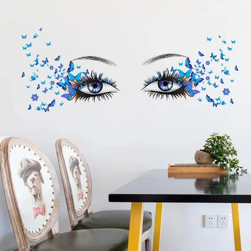 Vista 2 de Calcomanías de pared azules con ojos de pestañas, 4 hojas, vinilo mate premium, calcomanías de mariposa, impermeables, para mujeres y niñas
