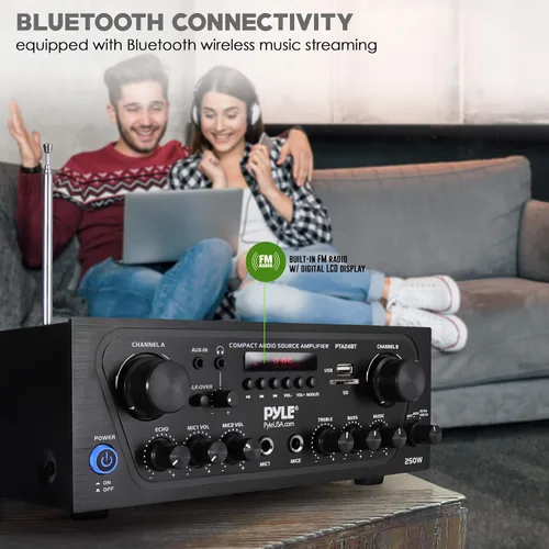 Vista 5 de Pyle - Amplificador de potencia de sonido doméstico para karaoke mejorado con entrada auxiliar, bluetooth, USB, 2 entrada de micrófono con eco
