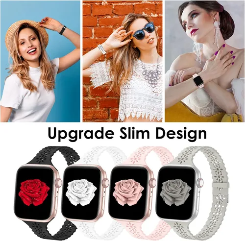 Vista 4 de Bandiction - Paquete de 4 correas de silicona de encaje compatibles con Apple Watch de 38mm 40mm 41mm 42mm 44mm 45mm 46mm 49mm, correa delgada