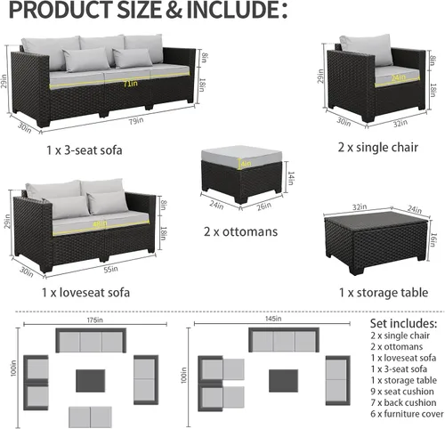 Vista 8 de Juego de muebles de patio, 7 piezas, muebles de exterior, juego de sofás seccionales de patio con mesa de almacenamiento, cojines gris claro