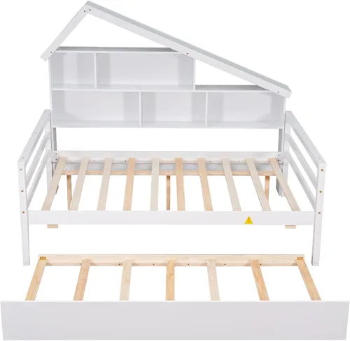 Vista 6 de Harper & Bright Designs Cama de capitán de tamaño matrimonial con nido, sofá cama matrimonial de madera con estantes integrados, marco de cama nido
