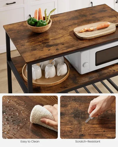 Vista 55 de VASAGLE Isla de cocina con 3 estantes, estante de cocina de 47.2 pulgadas con encimera grande, estructura de acero estable, industrial, fácil