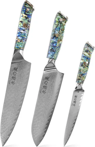 Vista 10 de Cuchillo de cocina de Damasco, acero de damasco de 67 capas, juego de cuchillos de chef profesionales de 13 pulgadas para cocina, mango ergonómico