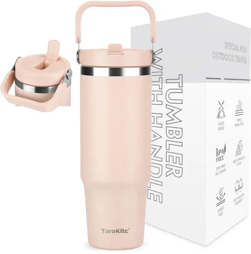 Vista 13 de TaroKitc Vaso de 30 onzas con asa y popote abatible, botella de agua aislada al vacío de triple pared, taza de viaje reutilizable a prueba de fugas