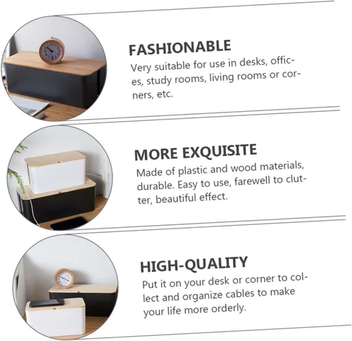 Vista 3 de Cable Storage Box with Natural Wood Lid Medium Black Power Line Organizer Household Wire Storage Case for Charging Cables and Socket Management for