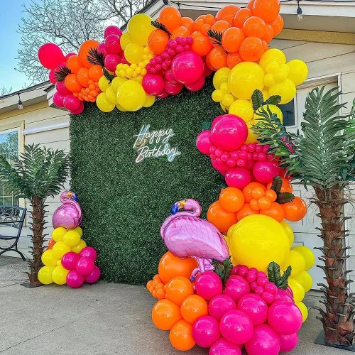 Vista 8 de Guirnalda de globos de color rosa y amarillo intenso, naranja mate, morado, amarillo, doble relleno, lavanda, kit de arco de globos de látex