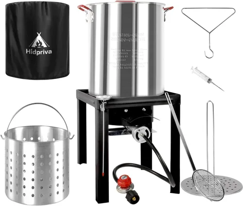 Vista 13 de Kit de freidora de pavo de 30QT y freidora de pescado de 10QT de Hidpriva, cubierta impermeable y escumador de 30,5 cm, estufa de quemador