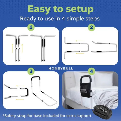 Vista 3 de HONEYBULL Bed Rails for Elderly Adults - Medical Bed Assist Rail with Support Bar, Storage Bag & Safety Strap, Fits King, Queen, Full, and Twin Beds