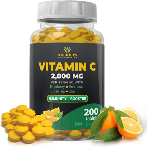 Dr. JOEL'S Vitamina C de apoyo inmunológico 2000 mg - 200 tabletas - con zinc, saúco, rosa mosqueta, equinácea - Impulsa el sistema inmunológico-