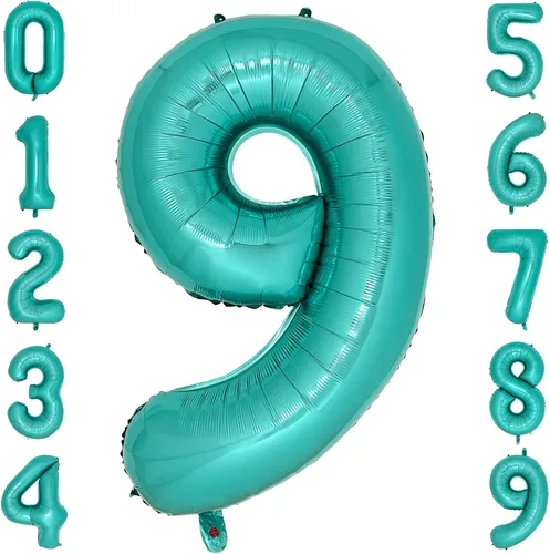 Vista 13 de Globos de color verde azulado con el número 0 de 40 pulgadas, globos grandes de papel de aluminio azul turquesa para mujer, decoraciones de Verde